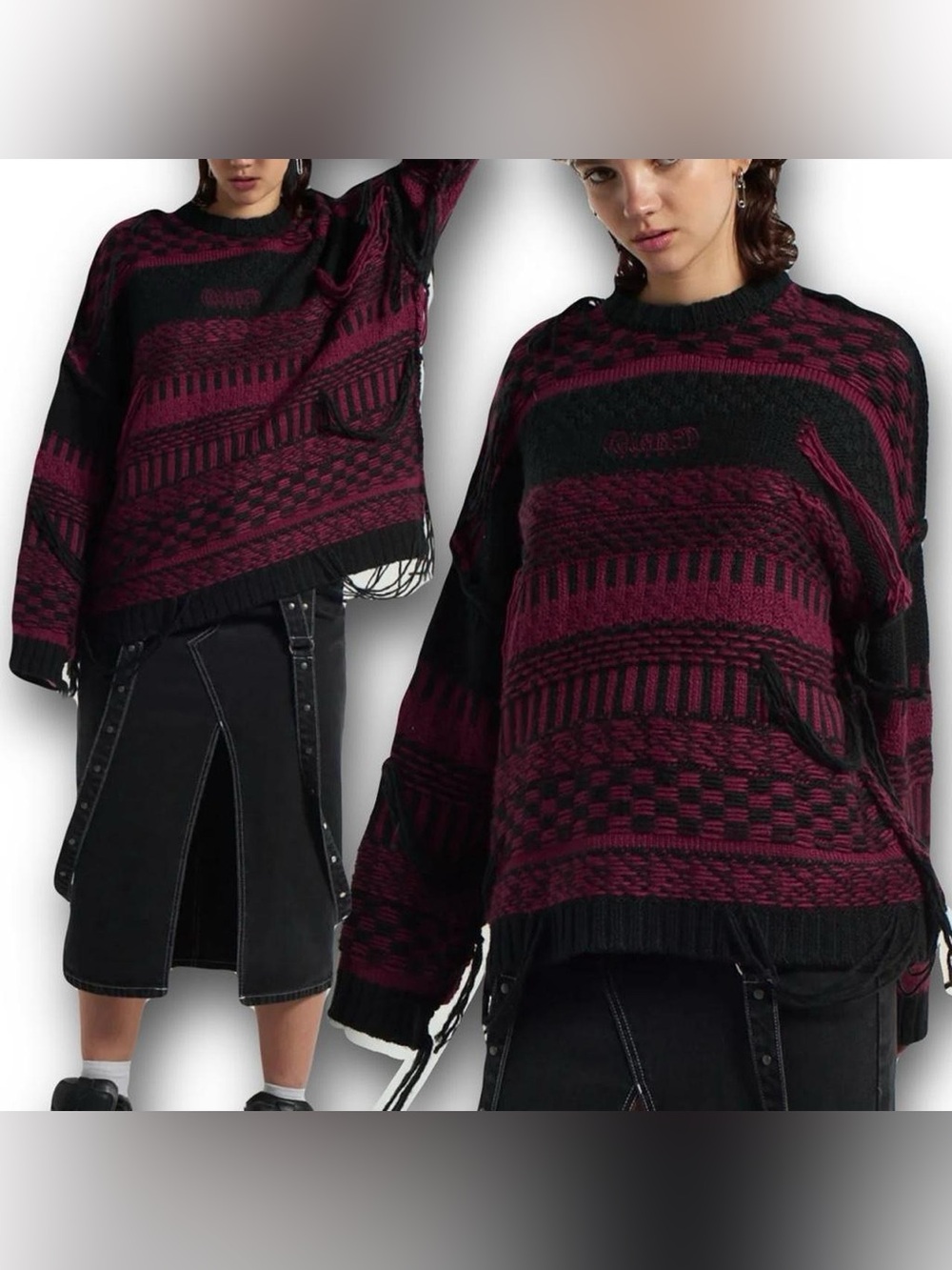 Ragged Priest Raglan-Pattern Distressed Knit Sweater - Black & Deep Red